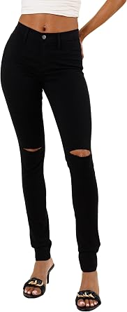 Vibrant Womens Ripped Skinny Jeans High Waisted Cutout Knee Ribbed Stretch Casual Denim Pants