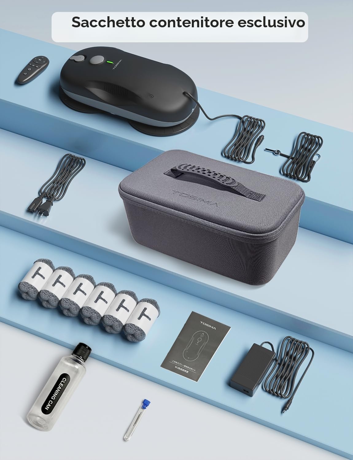 Tosima W3 Robot Lavavetri Finestre, Lavavetri Elettrico con Spruzzo Bidirezionale, Aspirazione Intelligente 3800PA, Triplo Sistema Sicurezza e Telecomando, per Vetri e Superfici Lisce, con 12 Panni