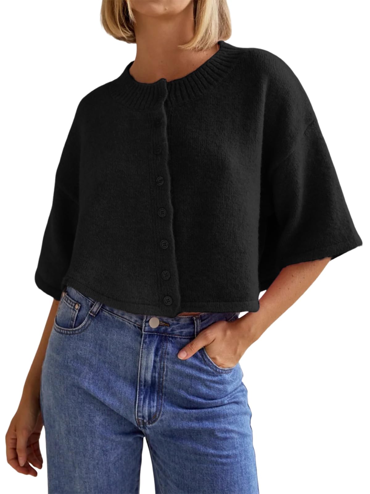 BeautyNee Cardigan Sweaters for Women Lightweight Knit Cropped Cardigan Button Short Sleeve Crew Neck Solid Knitwear
