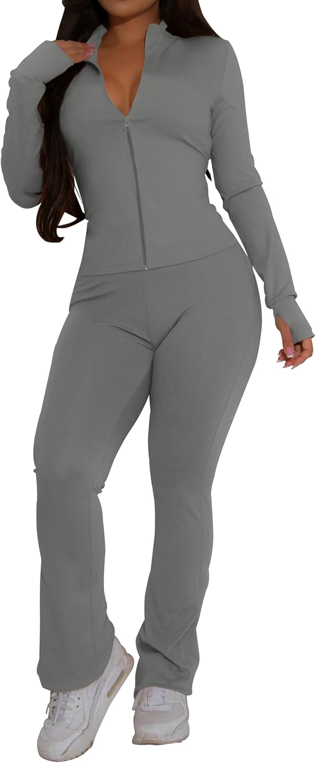 PINSV Women's 2 Piece Outfits Long Sleeve Zip Up Jacket Flare Pants Matching Tracksuit Set - Image 4