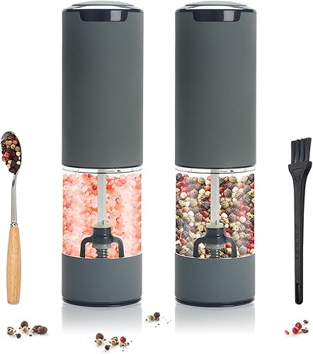 Juego de molinillo de sal y pimienta recargable, (no necesita batería), molinillo automático de sal y pimienta con luz LED, 5 ajustes de molienda