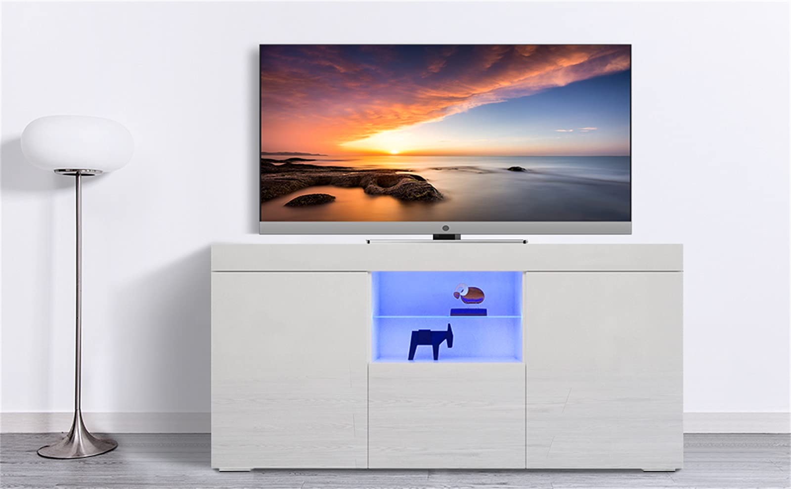 Dripex Mobile Porta TV Moderno con Luce a LED, Mobile TV Laccato Lucid per Soggiorno, 2 Ante Ribalta Mobiletto Televisore in Legno, 135 x 33.5 x 70 cm, Bianco