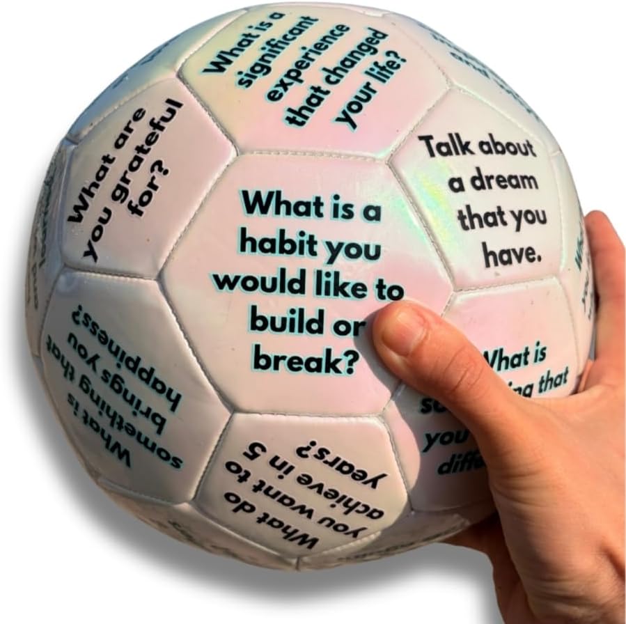 Therapeutic Conversation Ball, 30 Questions for Group Activities, Therapy Sessions, Family Discussions, Iridescent Soccer Ball Design