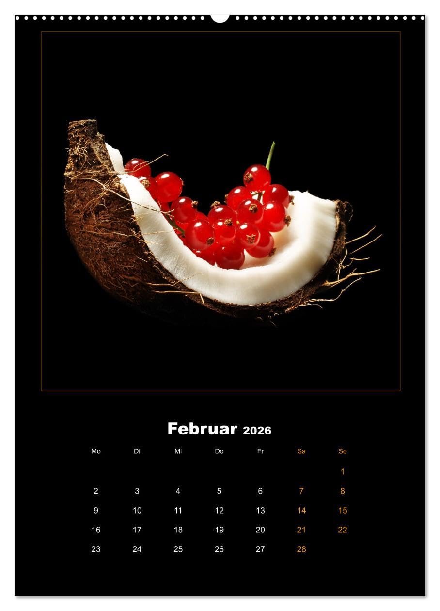Vegan Food Kalender – Obst und Gemüse auf Schwarz (Wandkalender 2026 DIN A2 hoch), CALVENDO Monatskalender: Dekorativer Kalender für die Küche auf Schwarz. (CALVENDO Lifestyle)