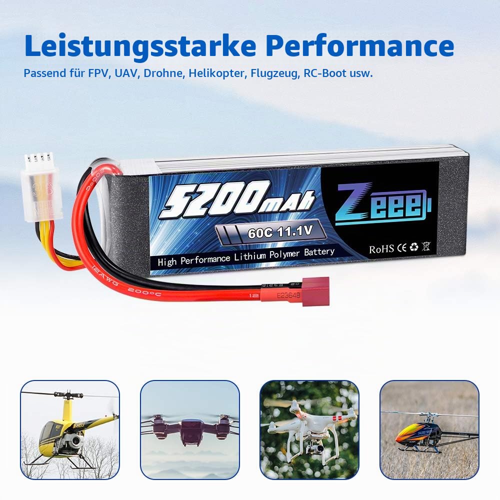 Zeee 3S LiPo Akku 11,1V 5200mAh 60C RC Batterie mit T Stecker(2 Packungen) | RC Batterie für RC Car RC Truck RC Auto Boot Helicopter LKW Truggy RC Hobby