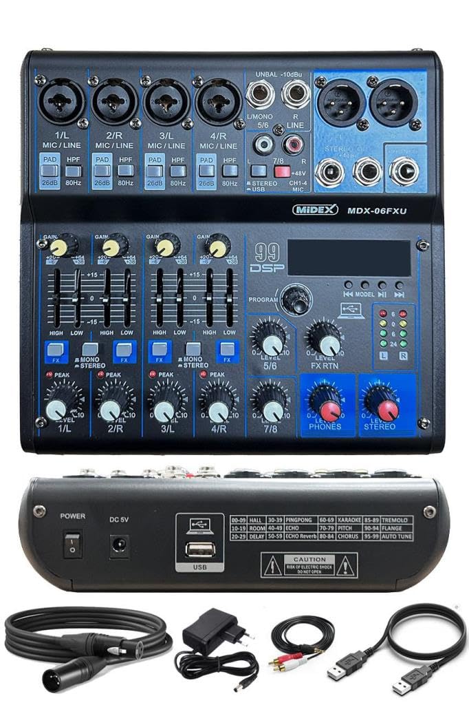 Midex MDX-06FXU Ses Mikseri Stüdyo Kayıt İçin 6 Kanal Ses Kartlı 99 DSP Efektli (+48V-USB-Bluetooth)