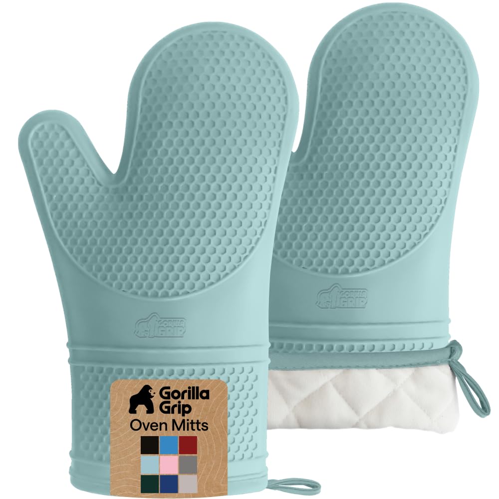 GORILLA GRIP Manoplas de horno de silicona suave sin BPA, guantes de seguridad impermeables resistentes al calor 550F, forro de algodón grueso, agarre flexible para barbacoa, juego de agarraderas de