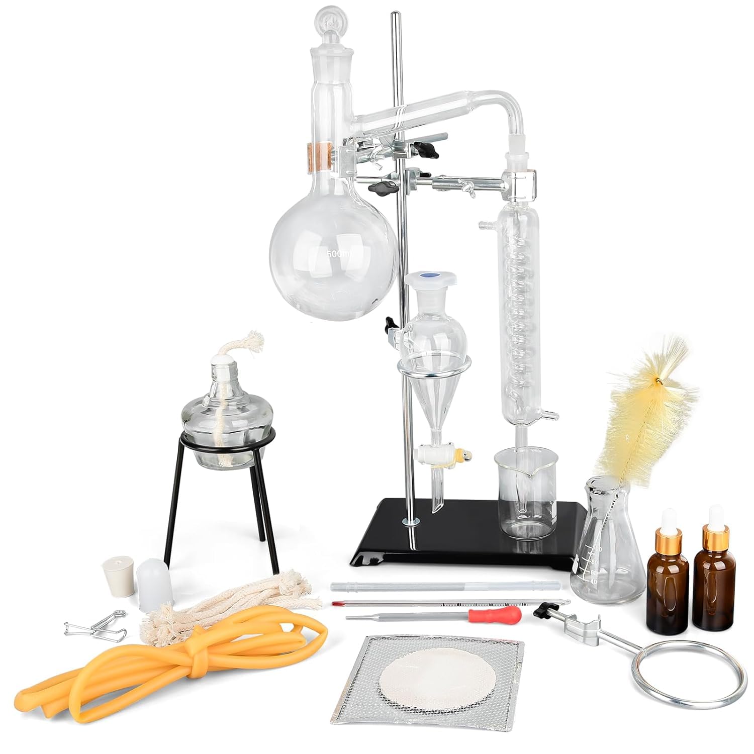 Kit De Cristalería De Laboratorio, Aparato De Destilación De Aceite Esencial De Laboratorio, 500ML con Condensador Serpentino De Frasco Espesado, Refinando Agua Destilada Pura De Rocío,