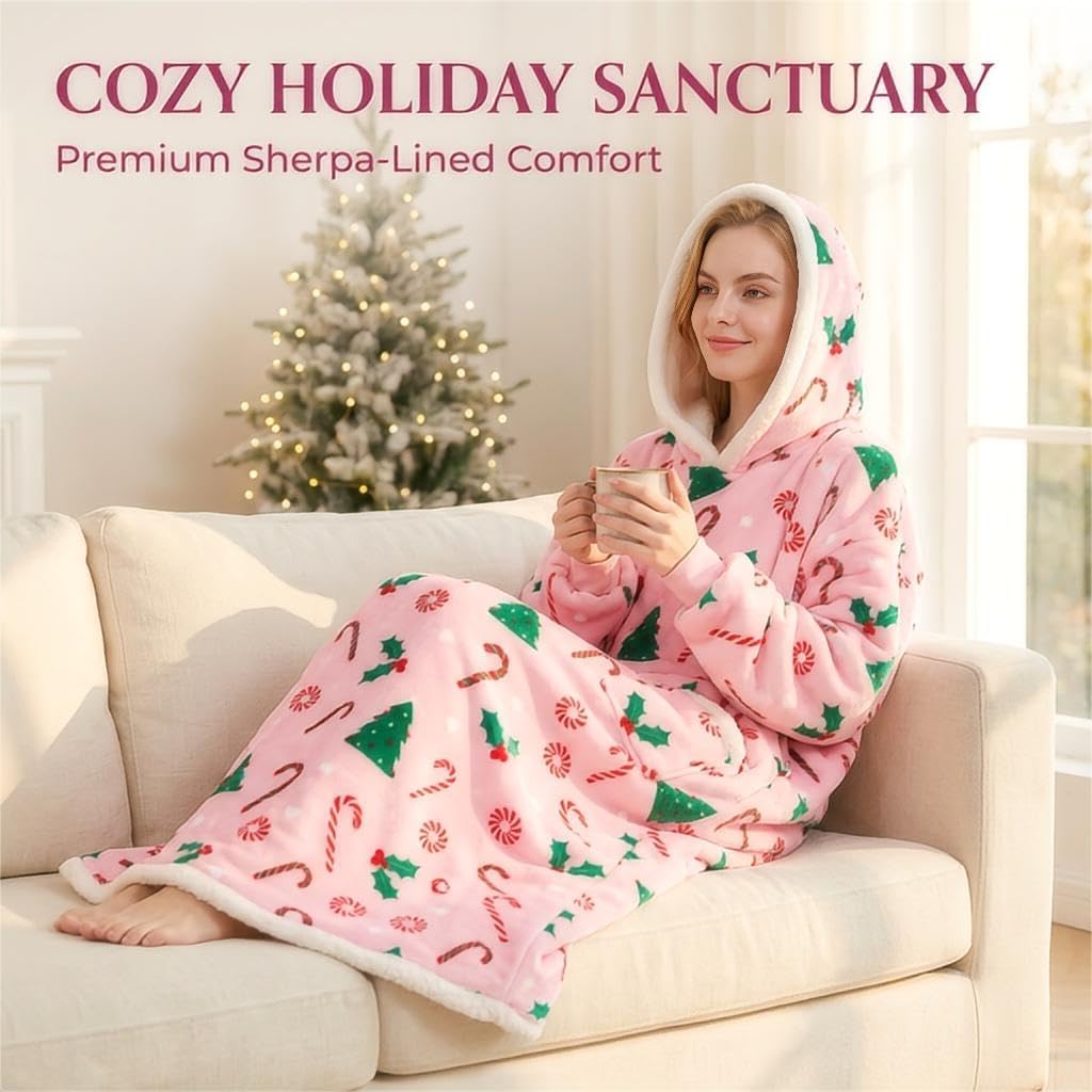 Cozy Christmas Fleece Blanket Robe with Hood for Women & Kids, Pink Holiday Pattern with Candy Canes & Trees, Sherpa Lined Long Length