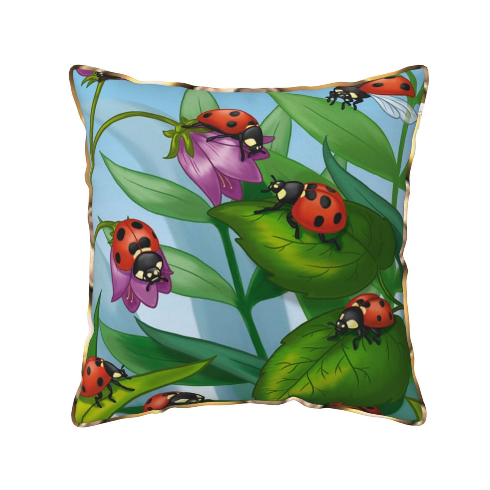 AUBKFELD Ladybug Printed Velvet Cushion Cover 50x50 CM with Gold Edging Strip, Square Pillowcase Soft Throw Pillow Covers Case Decorative for Living Room Sofa Couch Bed Bench