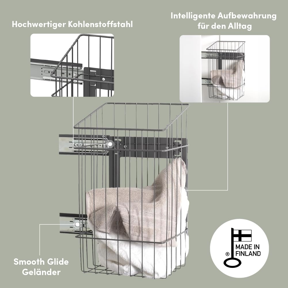 LM 683 Wäschekorb für Schrank, schmal und hoch ausziehbar mit Schienen, Wäsche Organizer zum Einbau in ein Schrank Ordnungssystem, Wäschesammler Schrankeinsatz Kleiderschrank, grau anthrazitfarben