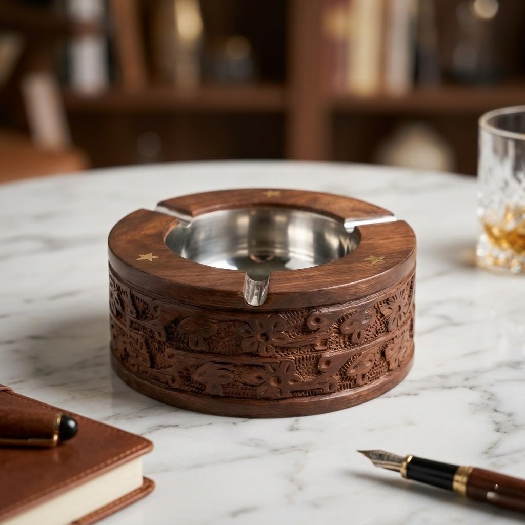 Handcrafted Wooden Ashtray with Stainless Steel Insert, Brass Star Inlay, Floral Carved Design, Round-image-37