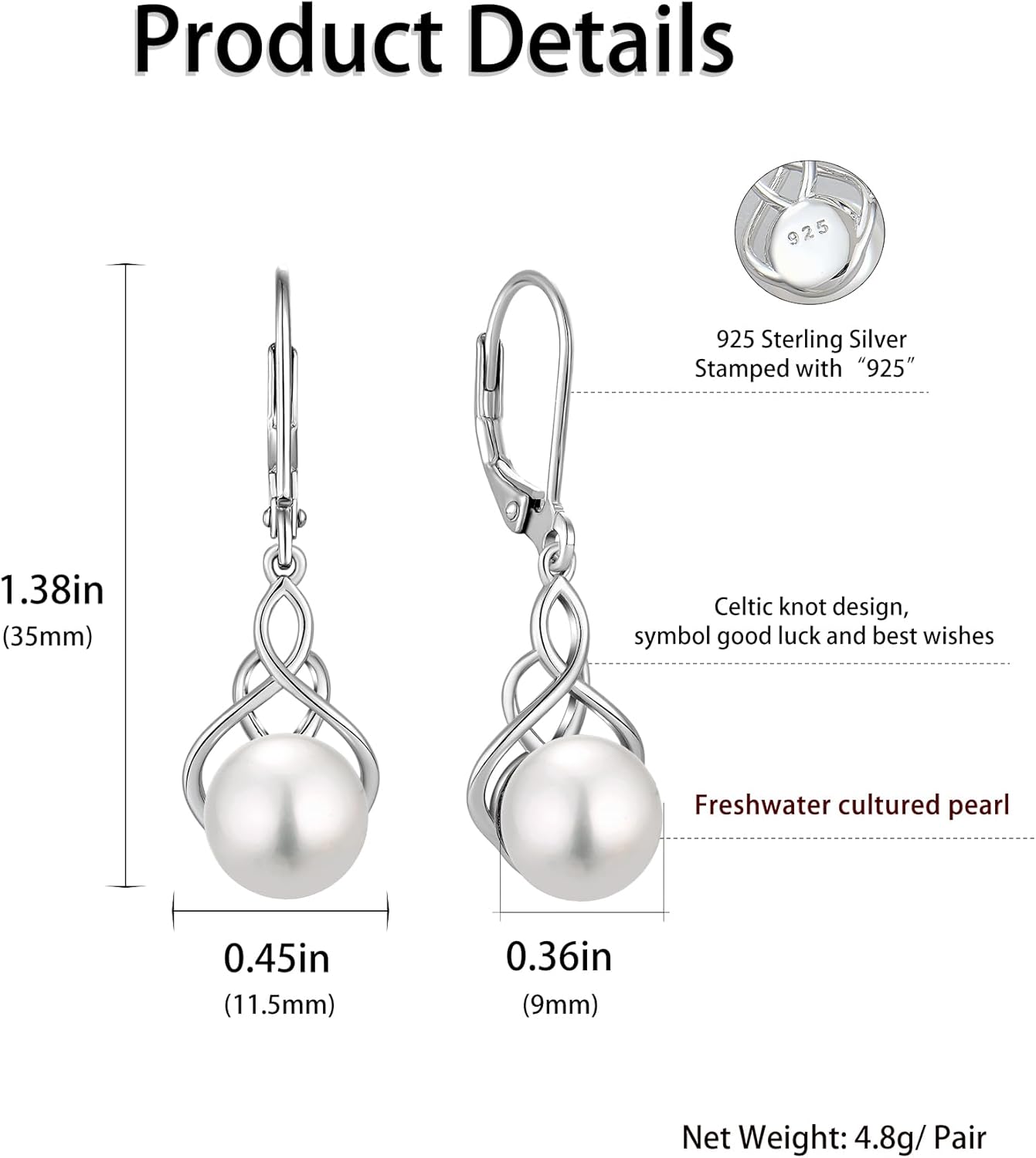 Celtic Knot & Infinity Pearl Earrings for Women - 925 Sterling Silver Dangle Earrings with 9mm Freshwater Pearl, White/Rose/ 14K Gold Plated Jewelry Gifts