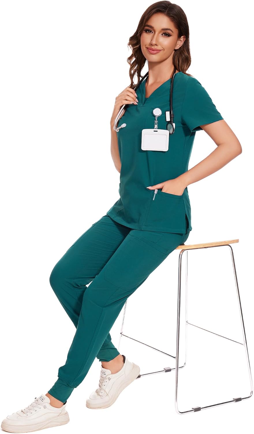 COZYFIT Scrubs for Women - V-Neck Top & Cargo Pants Scrubs Set with 10 Pockets