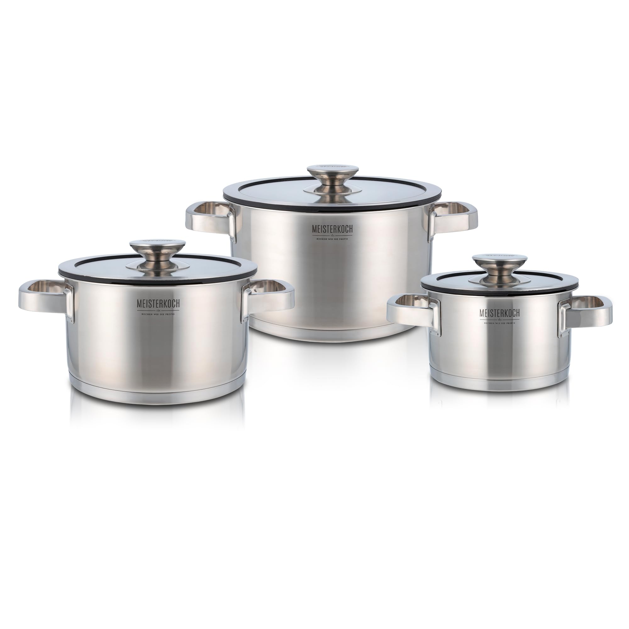 Meisterkoch Topfset Induktion Edelstahl Kochtopfset 3-teilig, Silikonring mit Sieb im Glasdeckel, Hitzeisolierende Griffe, Innenskala, spülmaschinengeeignet, für alle Herdarten