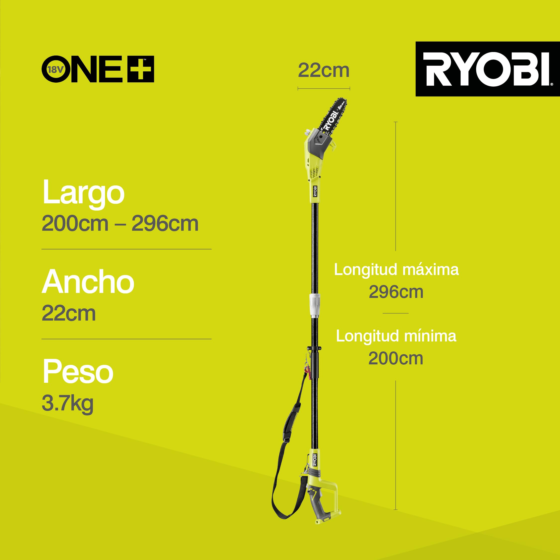 RYOBI - Podadora Eléctrica de Pértiga Inalámbrica a Batería 18V ONE+ - Pequeña Poda, Desrame y Uso Doméstico - Precisión, Comodidad y Seguridad de Corte - OPP1820