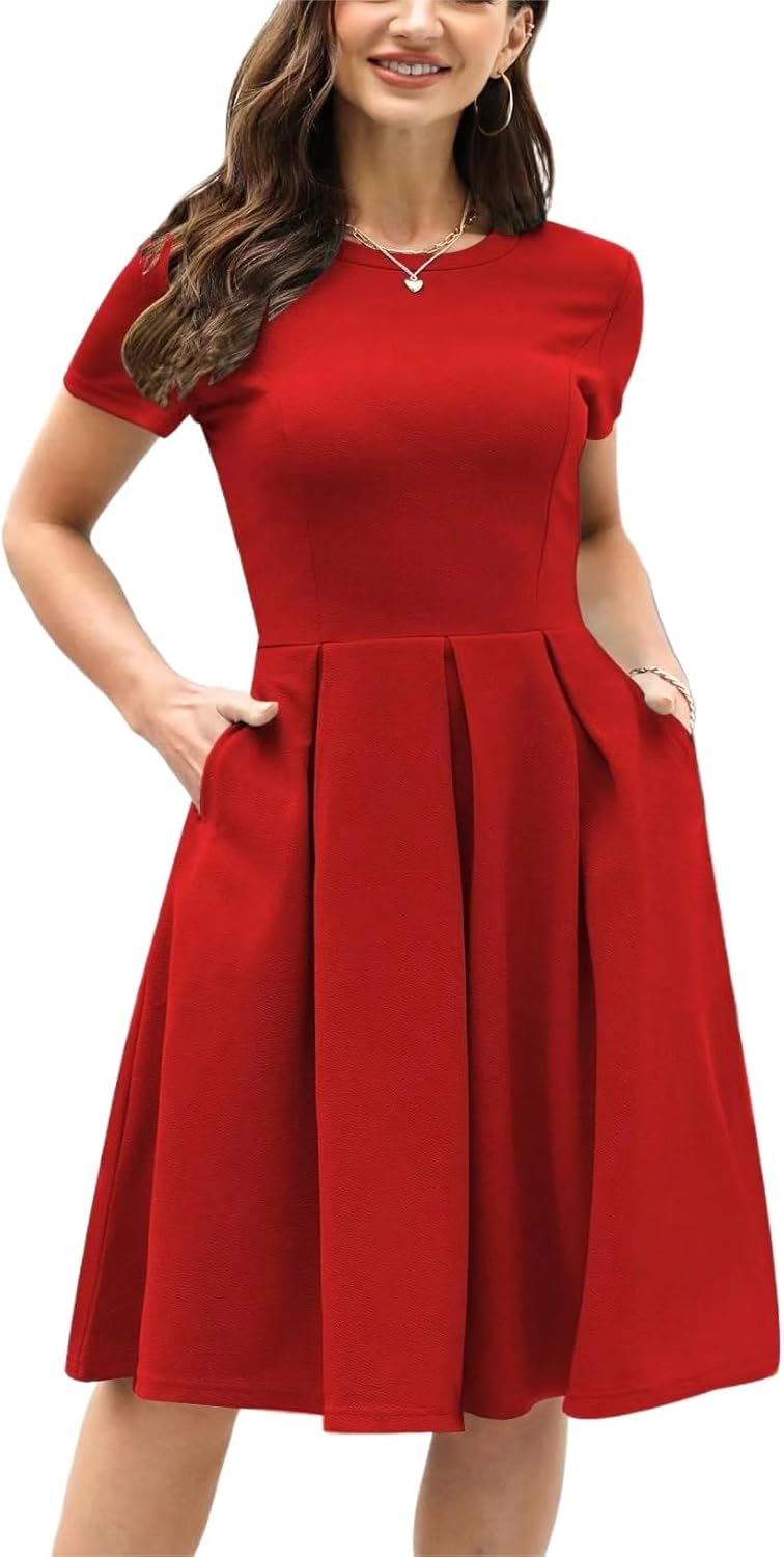 Women’s Vintage Half Sleeve O-Neck Contrast Casual Pockets Party Swing Dress Women’s Vintage Half Sleeve O-Neck Contrast Casual Pockets Party Swing Dress