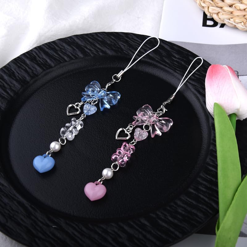 Aesthetic Phone Charm Pink Bow Charms for Phone Case Decorations Blue Cell Phone Keychain Strap Cute Y2k Accessories for Women Camera Bag Purse Charms with Bear Pendant Charm Decor for Phone Case 2Pcs - Image 7