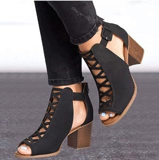 BORAMAX Womens Open Toe Heel Sandal,Fashion Buckle Strap Chunky High Heel Sandals Faux Suede Cutout Heel height 6cm Boot