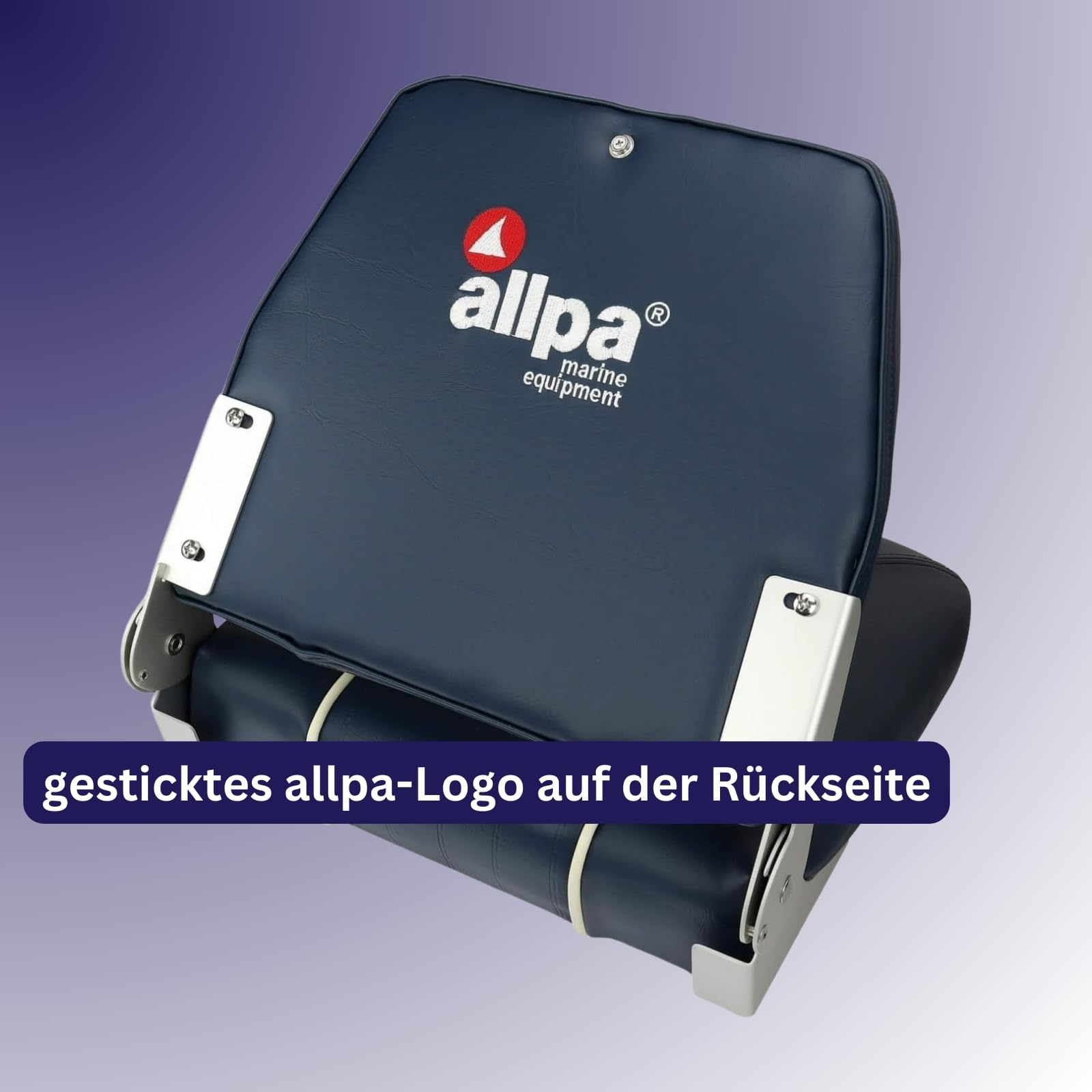 ALLPA Bootssitz Klappsitz Coach Deluxe | klappbarer Bootsstuhl/Vinyl wetterfest & wasserfest gepolsterter Steuerstuhl für Boote und Angler – Navy Blau / 432 x 457 x 381 mm