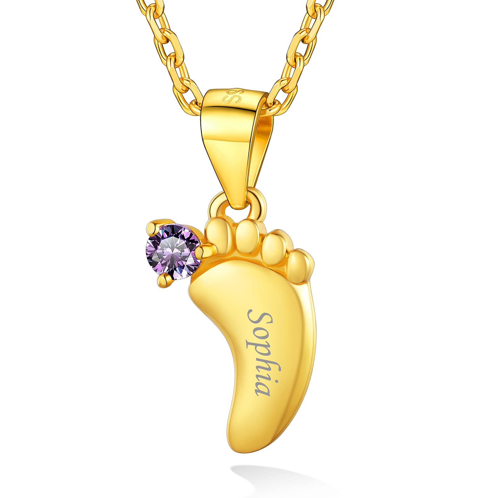Personalised Gold Birthstone Pendant Baby Feet Print Necklace Engraved Name Date Feet Jewellery for Mum Daughter Mother