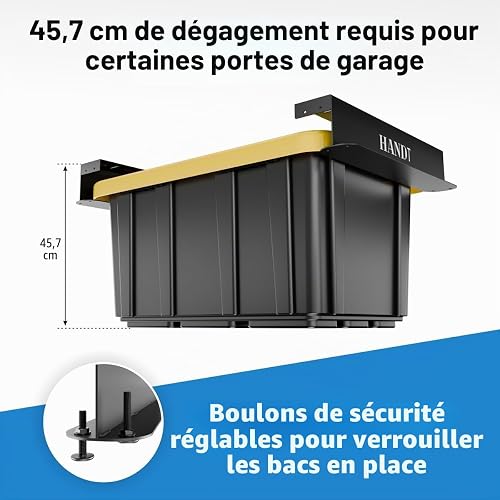 HANDT Étagère de rangement pour garage, rails de plafond en métal robuste connectables pour système d'organisation de rangement de garage (noir, 6 bacs) - 7