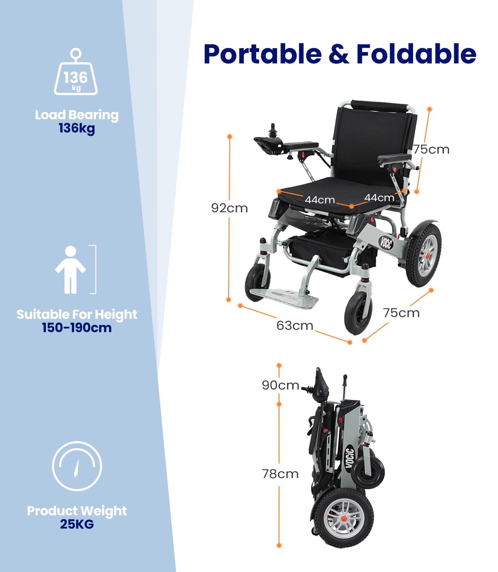 VOCIC V62 Silla de ruedas electrica plegable ligera de doble batería -25KG | 25KM Sillas electricas minusvalidos 136KG,Aluminio electric wheelchair para todos los terrenos,Aprobado por la aerolínea