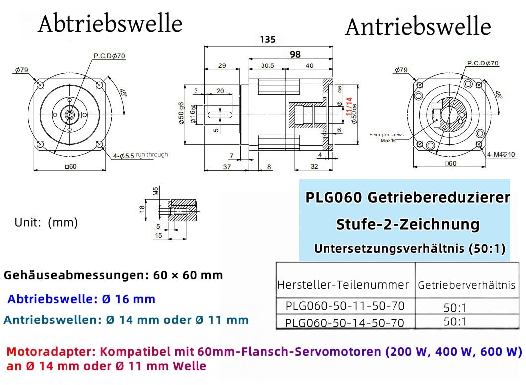 Planetengetriebe Planetary Gearbox Untersetzungsgetriebe Übersetzungsverhältnis 50:1 Präzisionsgetriebe 5 arc-min 4000rpm CNC Reductor kompatibel mit 200 W/400 W 60mm Flansch Servomotor