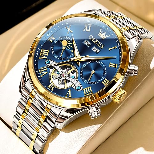Image of OLEVS Automatic Men Watch Self Winding Mechanical Moon Phase Business Luxury Diamond Dress Stainless Steel Waterproof Luminous Mens Wrist Watch