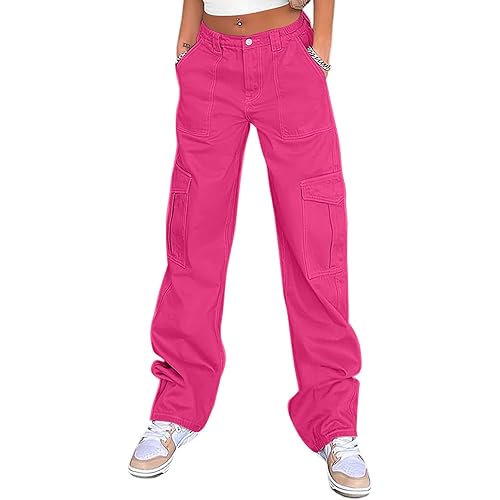 QYANGG High Waist Stretch Cargo Pants Women Baggy Multiple Pockets Relaxed Fit Straight Wide Leg Y2K Pants