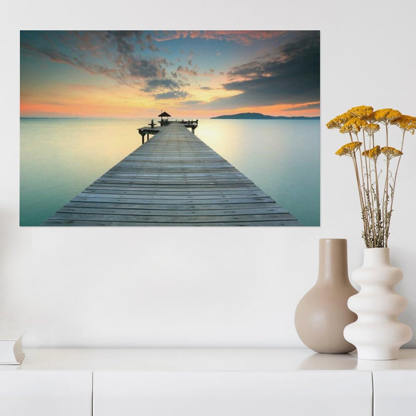 風景画 キャンバスアート 海 桟橋 Amazon.co.jp: 絵画 夕暮れ時の水の中の木製の桟橋インテリア 絵画
