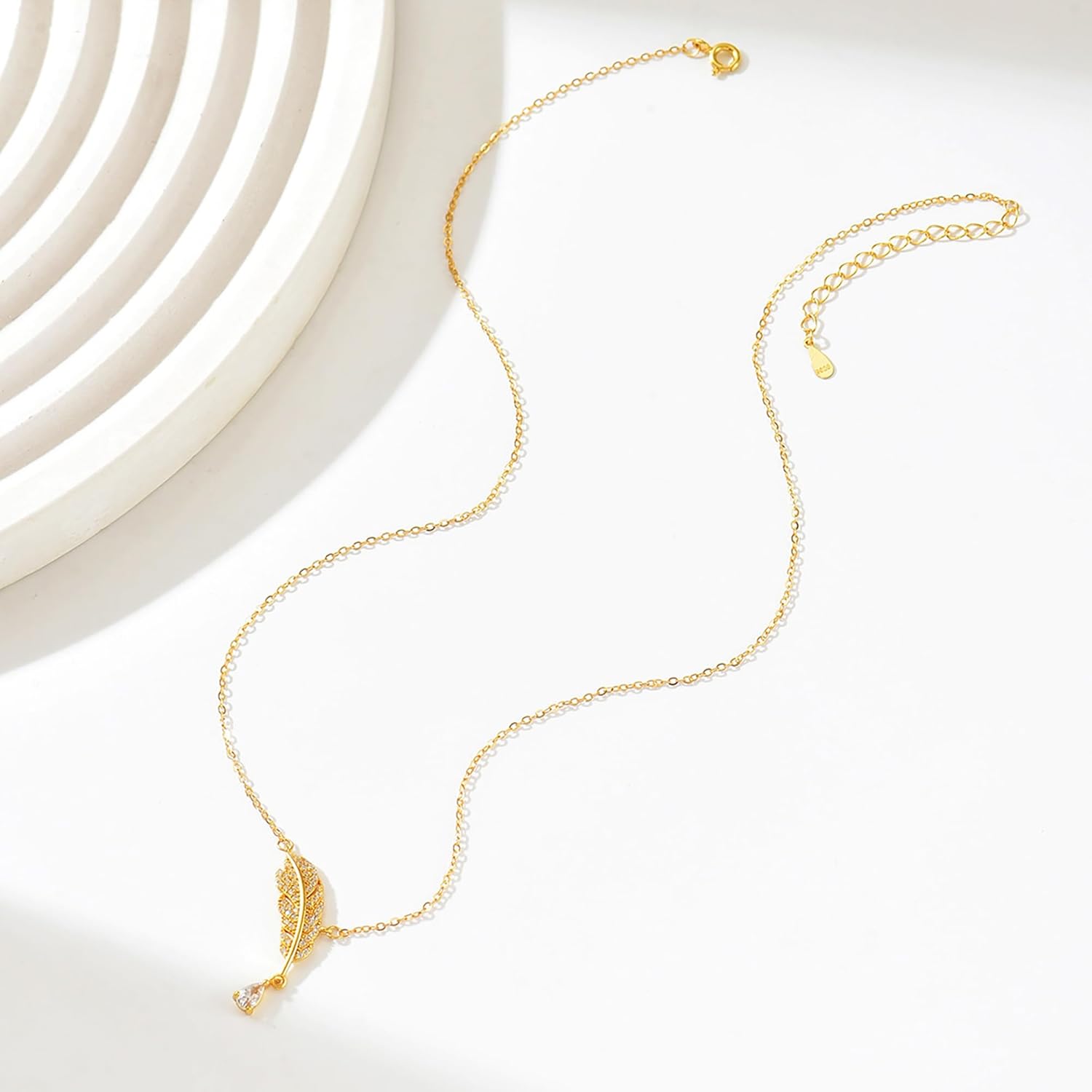 LOVECOM 925 Sterling Silver Boho Feather Necklaces for Women Dainty 14k Gold Plated Tear Drop Cubic Zirconia Pendant Necklace Cute Wings Western Jewelry Birthday Gifts to Daughter Friends - Image 6