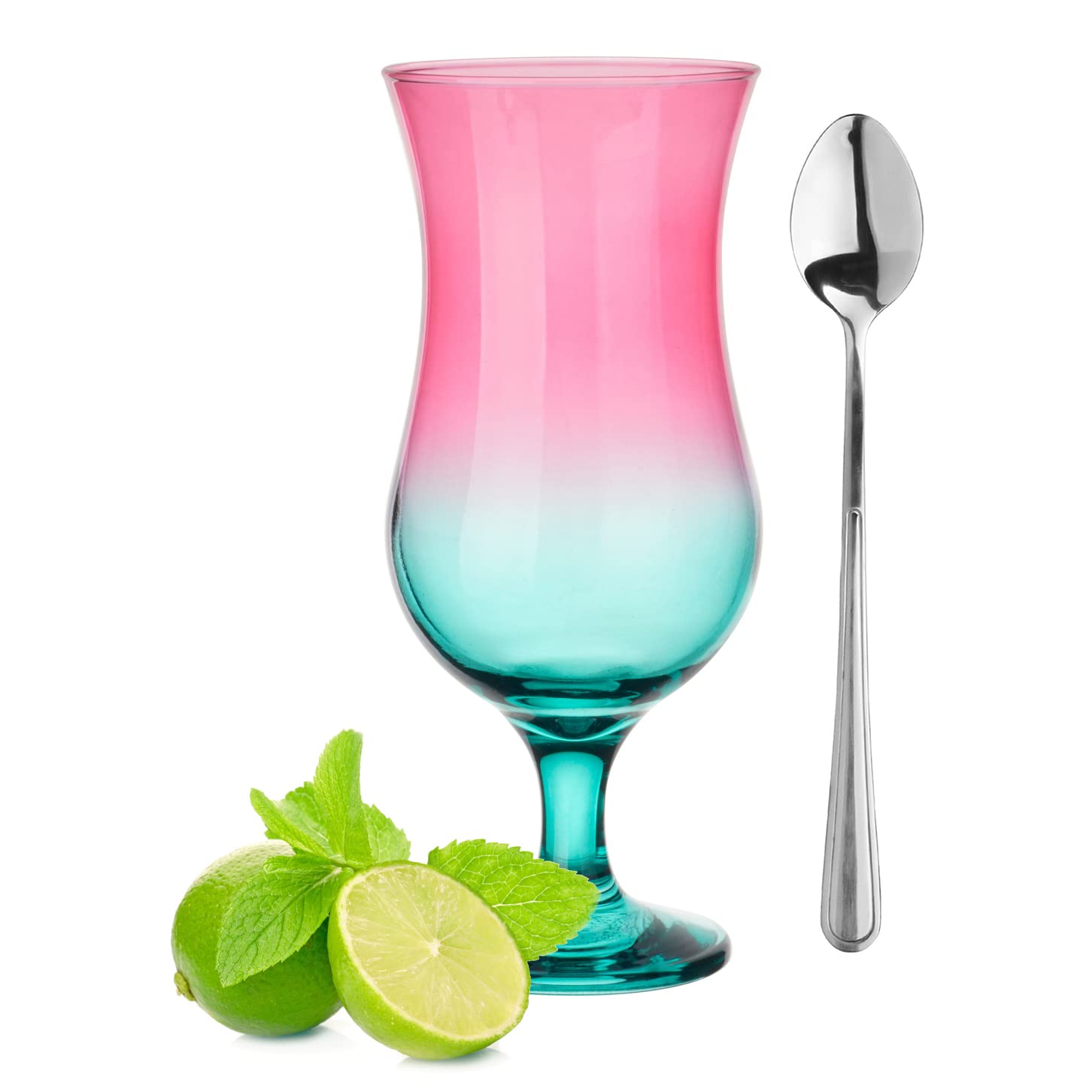 Glasmark KROSNO 1992 Juego De 6 Vasos De Pie Para Cócteles En Vidrio Transparente Para Zumo Agua Soda Rosa Turquesa Colorful 420 ml Con Cucharillas