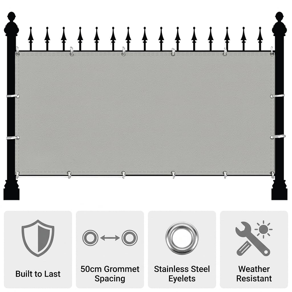 Telo Frangivista Balcone 80x850cm – Copertura Ringhiera Protezione Privacy e Anti-UV | Telo Paravista Resistente per Balcone, Giardino e Terrazza, con Occhielli e Fascette, Grigio Chiaro