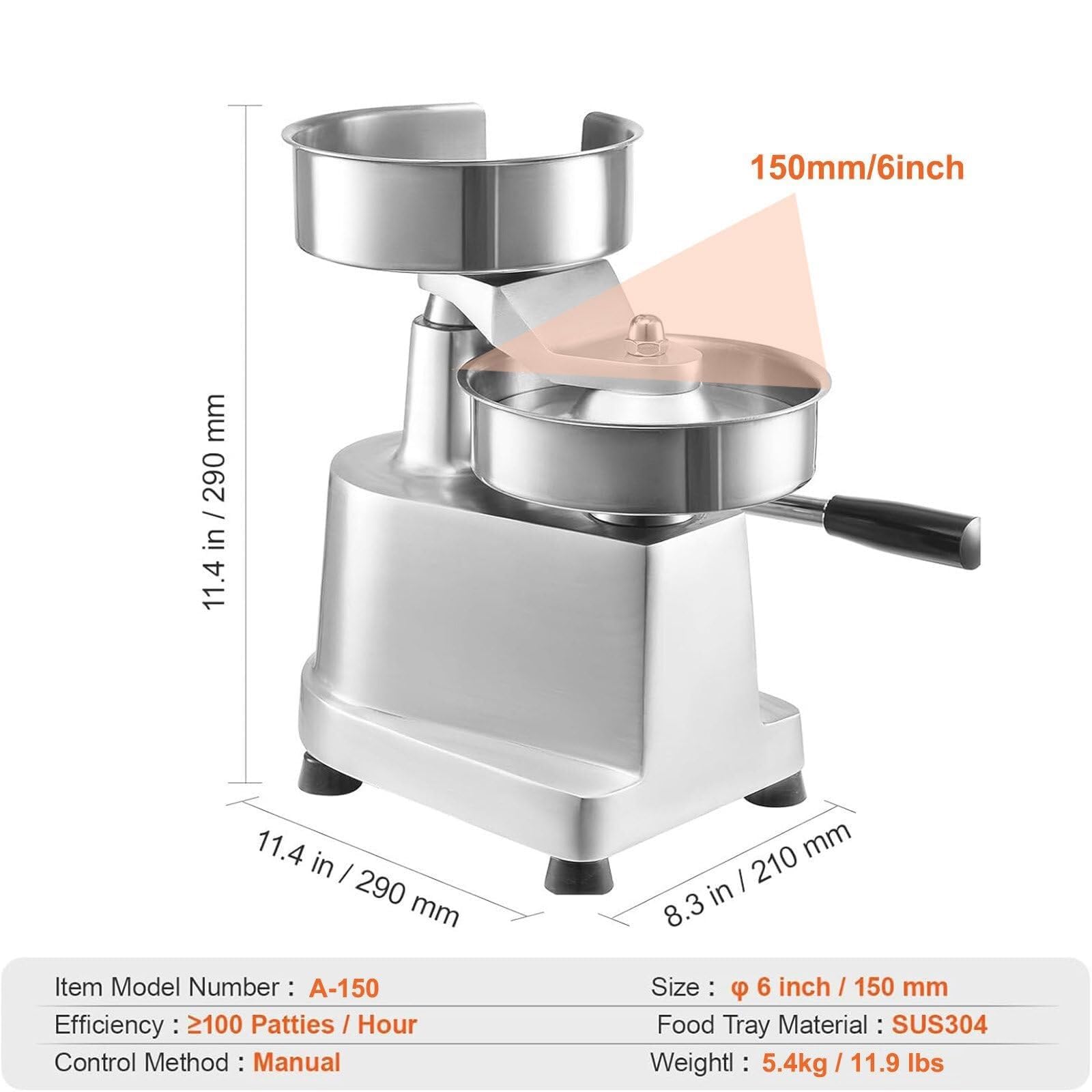 Burgerpresse Patty Maker, robuste Hamburgermaschine aus Edelstahl, 15,2 cm Fleischformprozessor für Gastronomie und gewerbliche Küche