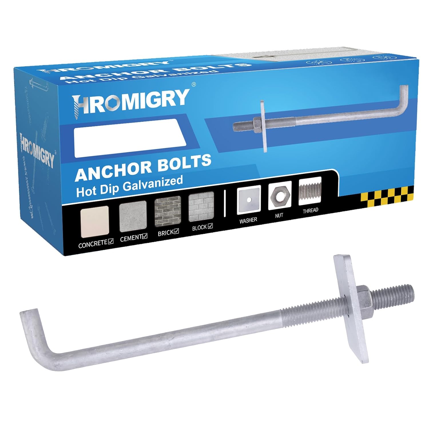 5/8” x 12” Concrete Anchor Bolts (10 Pack) L Shaped with Large Square Plate Washers, Hot-Dip Galvanized