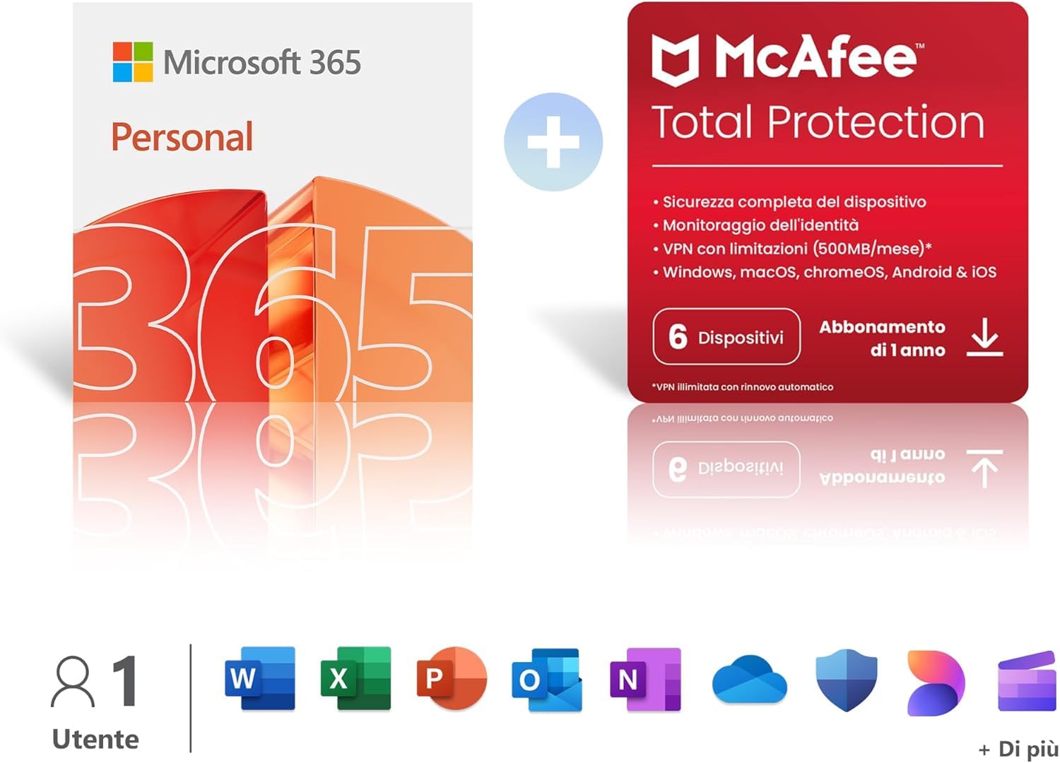 Microsoft 365 Personal | 12 mesi | 1 persona | 1 TB di spazio di archiviazione Onedrive| App Office con AI + McAfee Total Protection | 6 Dispositivi │ 5 utenti │ Codice d'attivazione via email