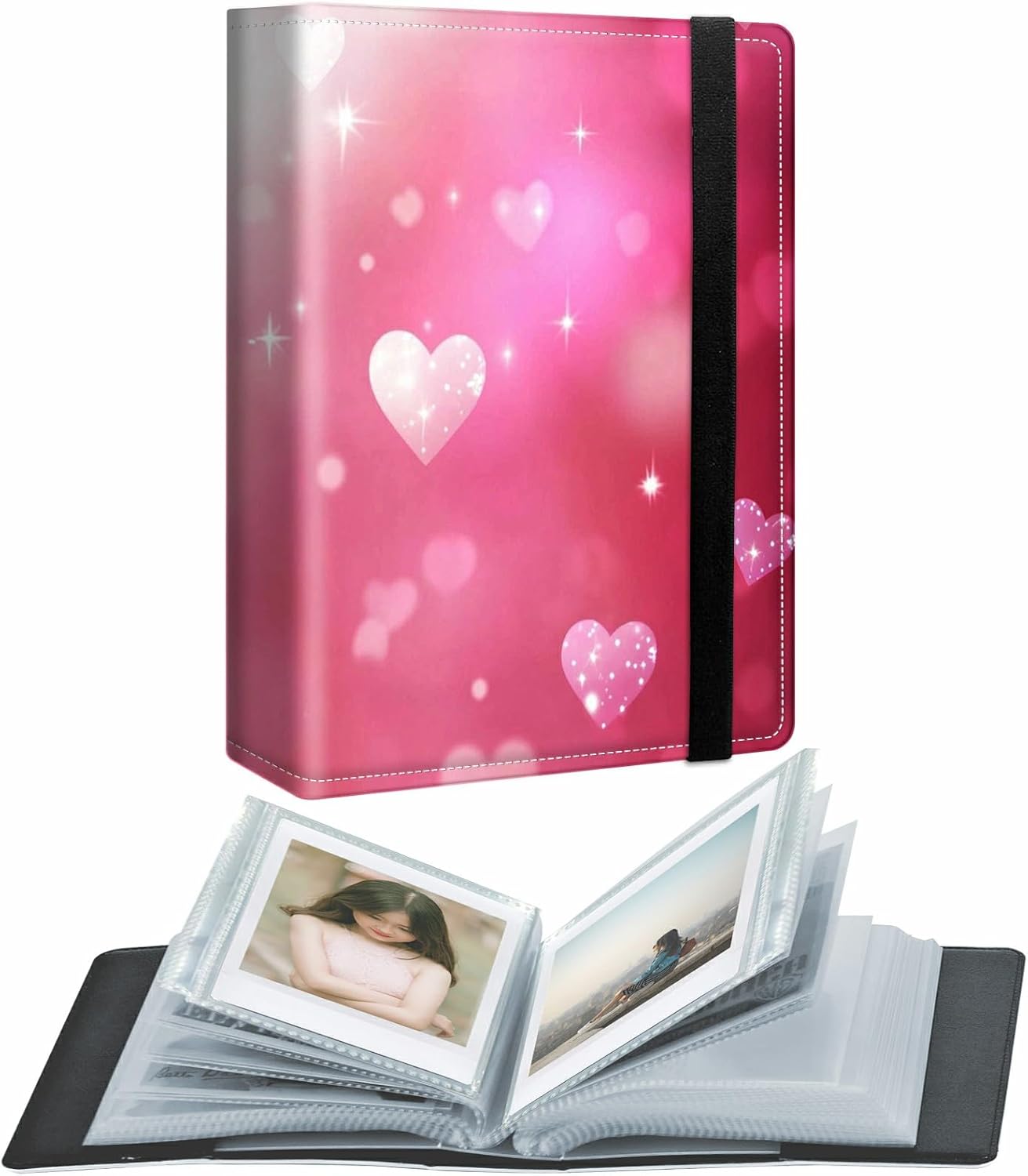 Photo Album 5x3.5" 80 Photos Pockets PU Leather Cover Photo Albums with Inner Transparent Pockets and Elastic Band Design for Family Anniversary Wedding Baby Pets,Pink White Flower