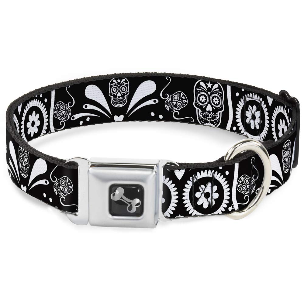 Buckle-Down Obroża dla psa z klamrą pasa bezpieczeństwa - cukrowe czaszki czarne/białe - szerokość 3,8 cm - pasuje na szyję 40-58 cm - rozmiar M
