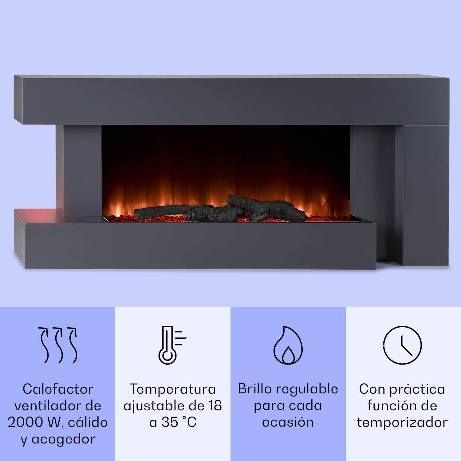 Klarstein Chimenea Eléctrica LED 2000W con Mando a Distancia, Temporizador y Control Automático de Temperatura