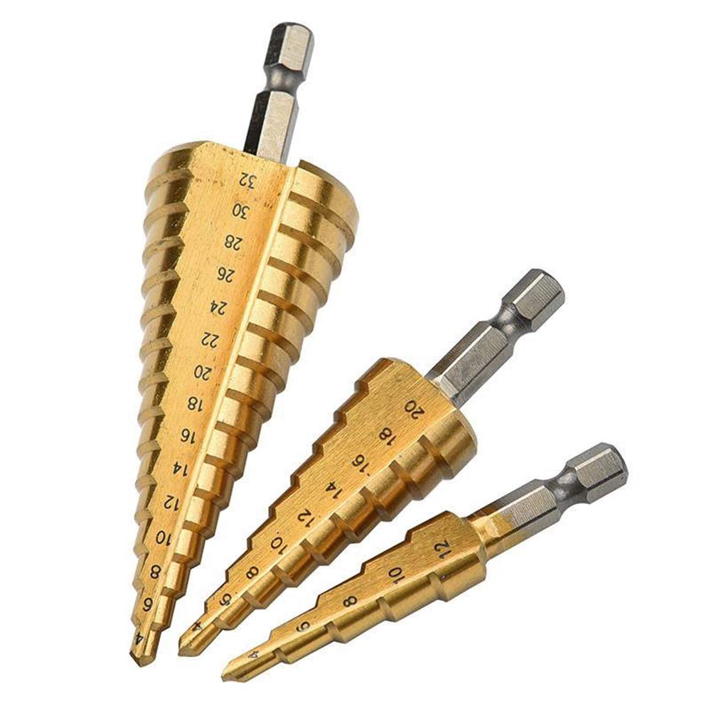 3 Pieces Tool Set 4-12mm/4-20mm/4-32mm Titanium Hex-Shank Drill Bits Set HSS Steel Hole Cutter Step Cone Drill Bit