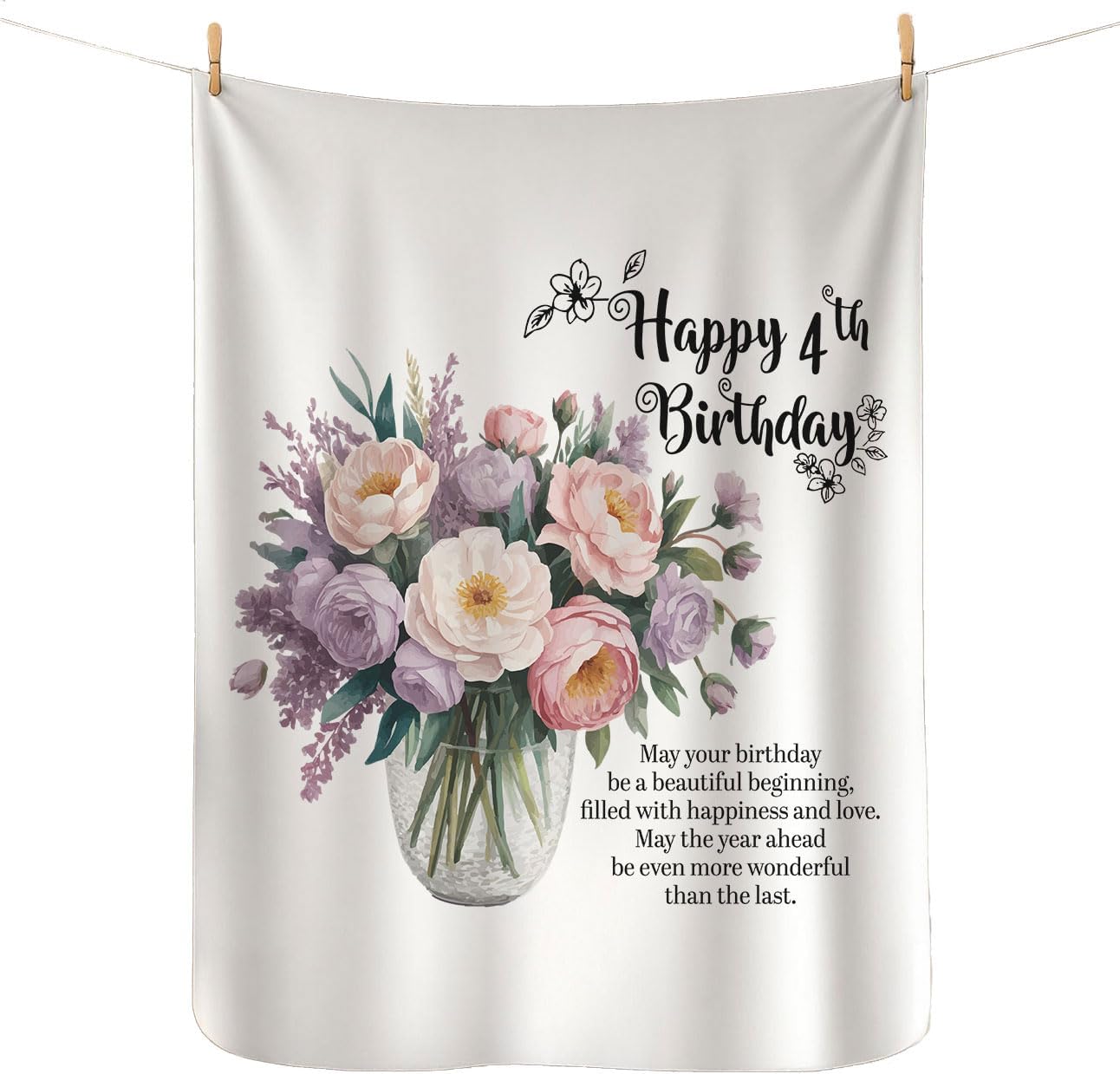 DesiDD Happy 4th Birthday Blanket for Women - 4 Year Old Gifts for Her - 50x60 Inch Sherpa Fleece Throw Blanket - Floral Vase with Quote - Birthday Present for Daughter Sister Niece - Image 1 of 3