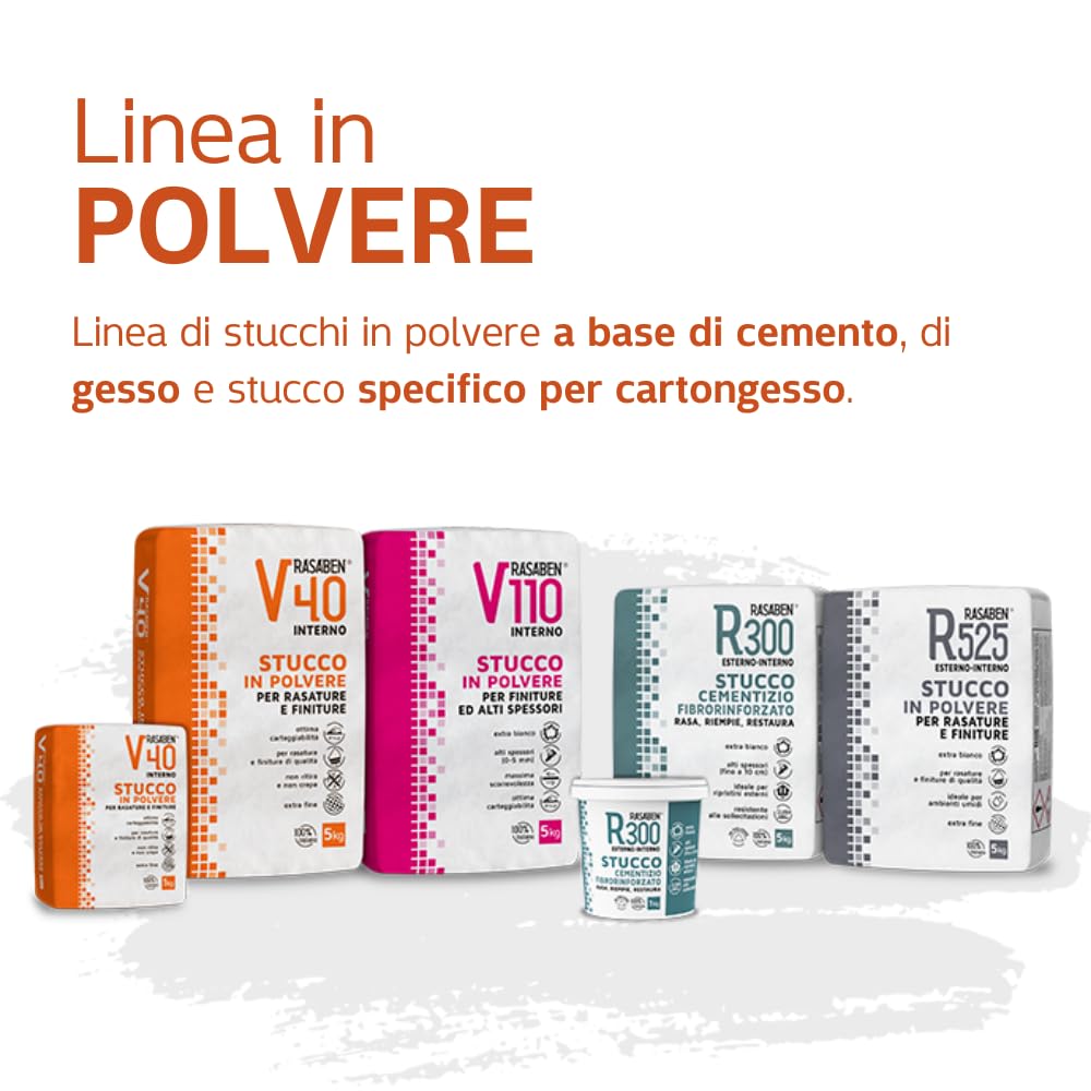 RASABEN - Stucco in Polvere V40 Extra Fine a Base di Gesso per Rasature e Finiture, Ottima Carteggiabilità, Non Ritira o Crepa, per Muri Interni e Cartongesso, Made in Italy, Sacco da 20kg