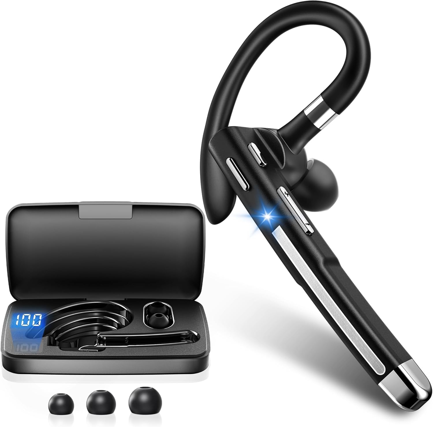 Bluetooth Headset V6.1, Wireless Bluetooth Earpiece with 500mAh Charging Case 100 Hours Talking Time, CVC8.0 Noise Cancelling Single-Ear Earphone, Hand-Free Headphones for Trucker, Office, Business