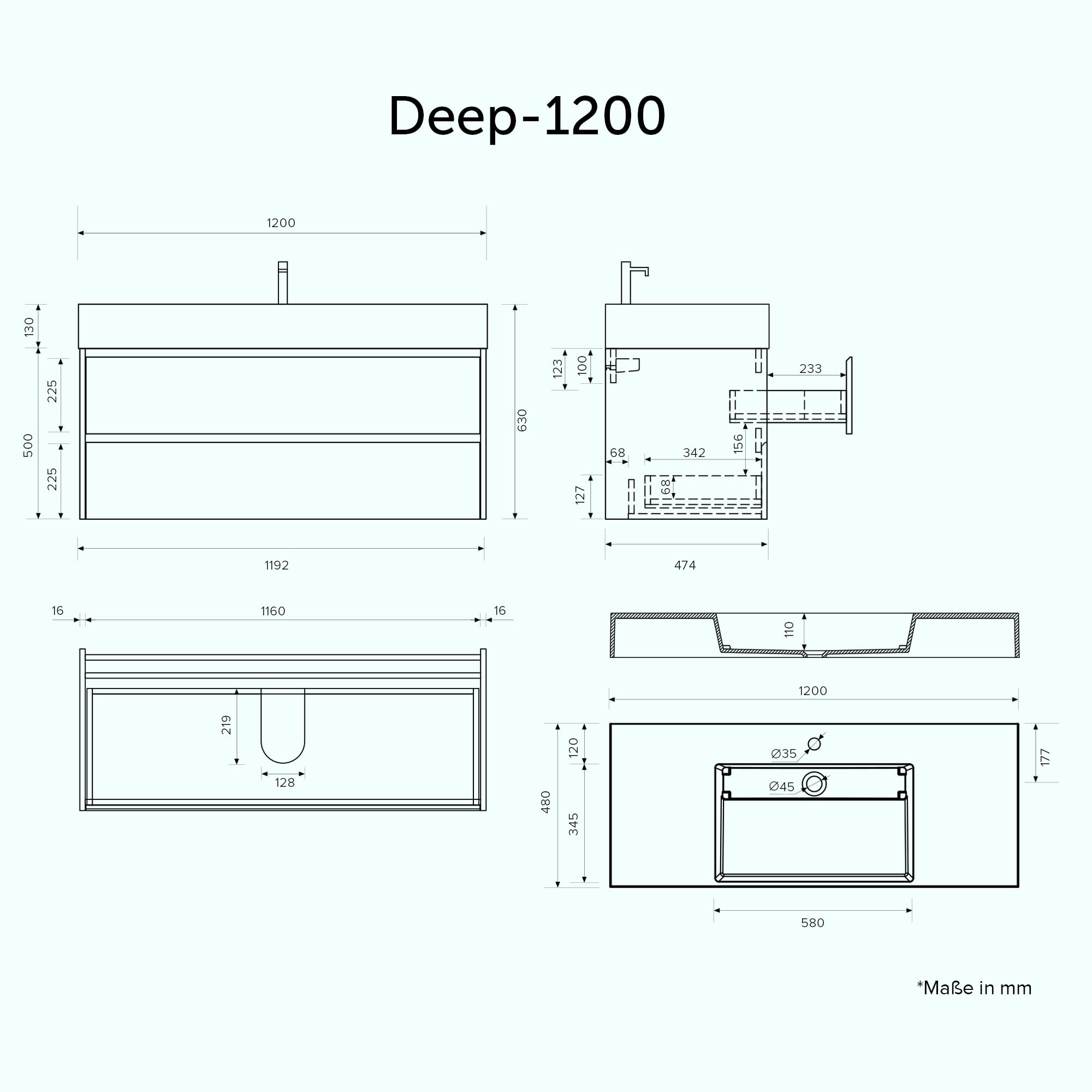 doporro Badmöbel set Waschtisch mit Unterschrank Waschbeckenunterschrank 120x48x63cm inkl. Waschbecken Badmöbel-Set Matt Anthrazit Waschbecken-Unterschrank Wandmontage Deep