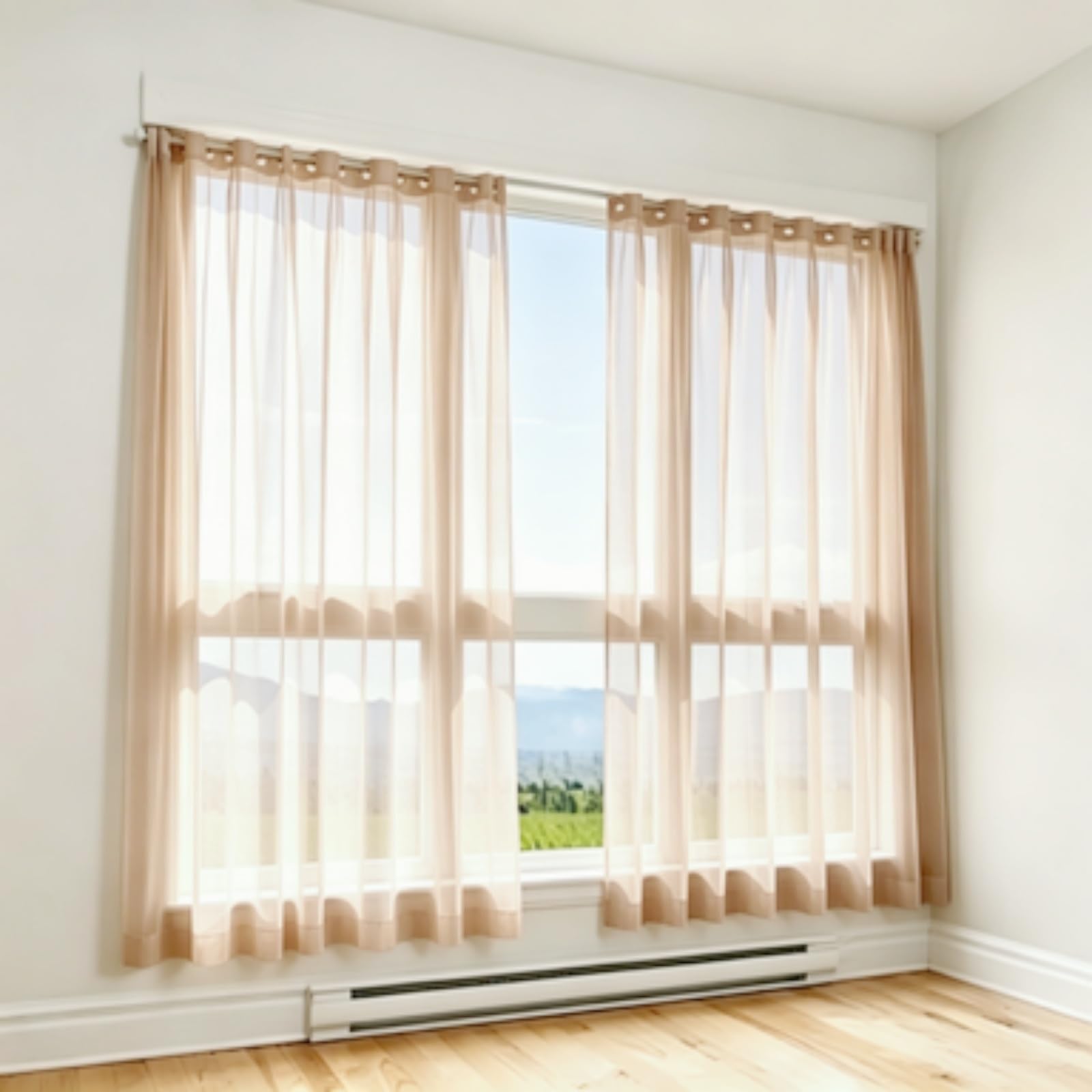 FEIJDON Sheer Curtains 145 x 195 cm Elegant Sheer Tulle, Airy Soft Window Curtains – Energy-Saving Privacy Panels with UV Light for Kitchen, Patio, Hotel, Light brown