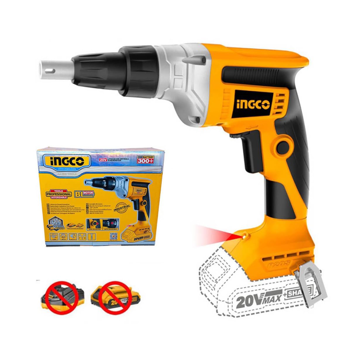 INGCO CDSLI2042006 - Atornillador para paneles de yeso a batería de 20 V, solo cuerpo, máquina motor Brushless 0-4200 RPM, 30 N.m, boquilla ajustable con casquillo Hex de 1/4 pulgadas, luz LED
