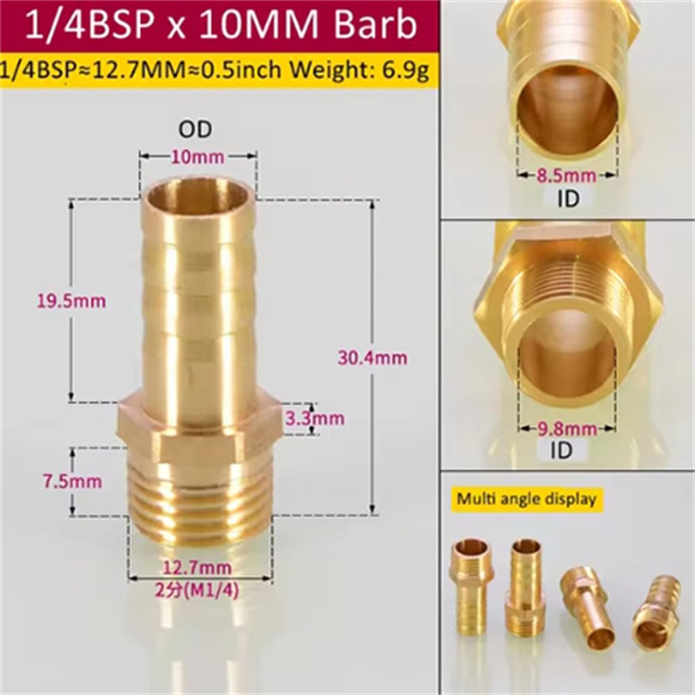 5 pezzi Raccordo per tubo in ottone 6/8/10/12/14/16mm Coda a barb per tubo flessibile 1/8" 1/4" 3/8" Connettore maschio Giunto in rame Co