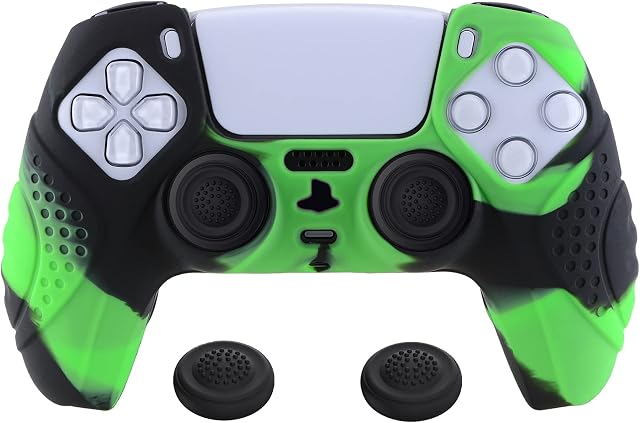 eXtremeRate PlayVital Guardian Edition Ergonomic Soft Anti-Slip Controller Silicone Case Cover for ps5, Rubber Protector Skins with Black Joystick Caps for ps5 Controller - Green & Black
