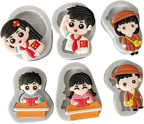 Fondant Molds 6 Pieces of School Season DIY Chocolate Silicone Mold Cartoon Character Cake Decoration Cookie Baking Sugar Flip Mold
